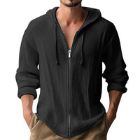 Digital-print Solid-color Linen Hooded Long-sleeve