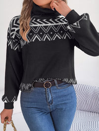 Women Ethnic Style Vintage Jacquard Lantern Sleeve Turtleneck Sweater