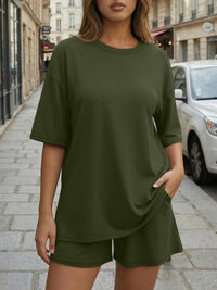 Round-neck Casual Loose-fitting Short-sleeve Shorts Womens Set