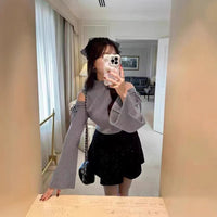 Lace-up Turtleneck Off-the-shoulder Tie-neck Flared Sleeves Sweater