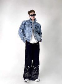 Ripped Motorcycle Denim Jacket Men's Clothing