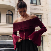 Off-shoulder Collar Long Sleeve Clinch Splicing Knitwear