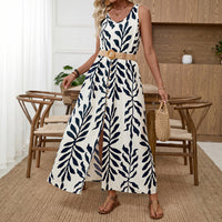 French-style Sleeveless Strap Dress With Belt Leaf-print Split-front Dress