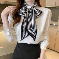 Lady Temperament Satin Striped Shirt With Ribbon