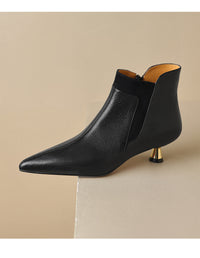 Genuine Leather Pointed-toe Kitten Heel Ankle Boots With A Sleek Mid-heel Design