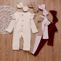 Solid Color Round Neck Long Sleeve Button Hair Band One-piece Romper
