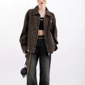 American-style Leopard-Print Lapel Jacket Women's Retro Loose-Fit