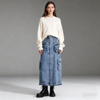 Personalized Trendy Skirt Womens High-Waisted Long Patchwork Denim Skirt With Multiple Pockets