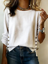 Summer Solid Color Round Neck Casual Loose Cotton And Linen Top For Women