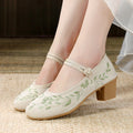 Short Heel Embroidery Frog Button 5CM Round Toe High Heels