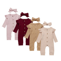 Solid Color Round Neck Long Sleeve Button Hair Band One-piece Romper