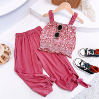 Summer New Korean Version Fashion Floral Suit Suspender Top Trousers Two-piece Set