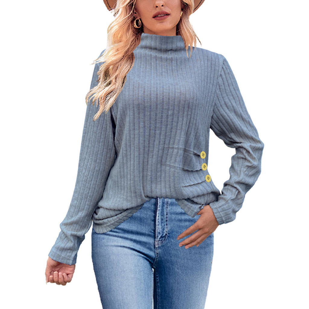 European And American Brushed Sunken Stripe Knitted Turtleneck Side Button Women's Top