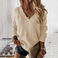 Solid-color Womens V-neck Long-sleeve Pullover Knit Top