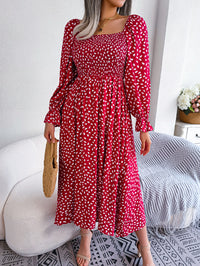 Women Square Neck Long Sleeve Vacation Rayon Pleated Maxi Dress