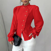 Women's Elegant French Asymmetrical Button-down Collar Ruffle Long Sleeve Blouse