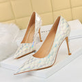 Sexy Stiletto Pumps Pointed Toe Metal Stone Pattern High Heels