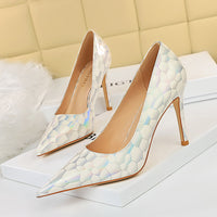 Sexy Stiletto Pumps Pointed Toe Metal Stone Pattern High Heels