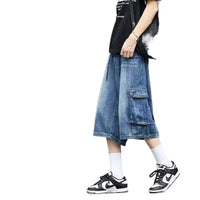 American-style Loose-fit Multi-pocket Workwear Denim Capri Pants