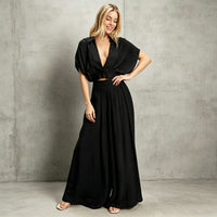 V-neck Solid-color Casual Cardigan Loose-fitting Set
