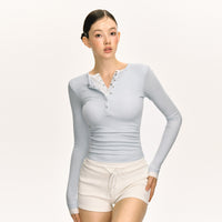 Henry Collar Slim-fit Knitted False Two Pieces Long-sleeved T-shirt
