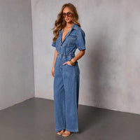 Fashionable Casual Loose It Straight Leg Denim Jumpsuit