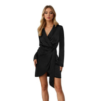 V-neck Satin Dress Sash-tied At The Waist With A Bow