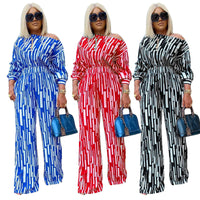 Printed Slant-Neckline Long-Sleeve Loose Casual Set