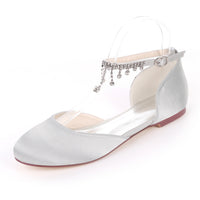 Satin Round Toe Hollow Rhinestone Chain Flat Wedding Shoes