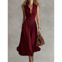 Elegant, Sophisticated Long Sleeveless Dress With A Lapel Collar