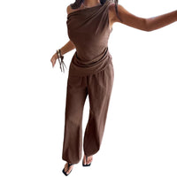Laid-back Style Womens Off-Shoulder Sleeveless Top And Wide-Leg Pants Set