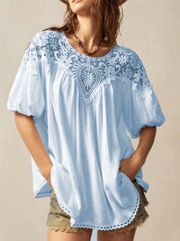 Lace-panelled Round-neck Short-sleeve Loose Womens Blouse