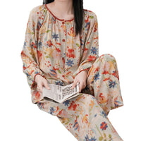 Womens Loose-Fit Long-Sleeve Long-Pants Printed Loungewear Set