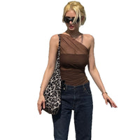 Womens Slanted-Shoulder Pleated Mesh Halter Neck T-Shirt