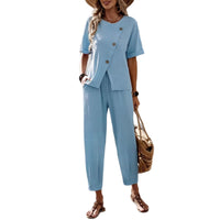 Elegant Buttoned Short-Sleeve Pants Casual Two-Piece Set