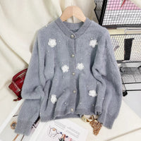 Women's Patchwork Floral Knit Cardigan Round Neck Warm Sweater