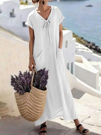 Casual V Neck Lace Up Solid Color Womens Dress