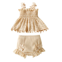 Cotton Mesh High Temperature Dyed Apricot Lace Hanging Doll Shirt Ten Shorts Baby Girl Infant Fashion Two-piece Suit