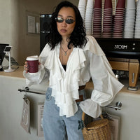 Fashionable Loose V-Neck Ruffle Long-Sleeve Shirt For Women