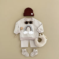 Baby Multi-color Rainbow Patchwork Cloud Embroidery Top And Pants Set