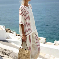 Round Neck Striped Short Sleeve Cotton And Linen Top Casual Pants Women's 2-piece Set