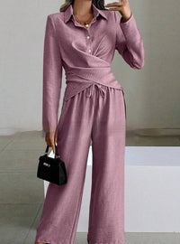 Women's Elegant Shirt Top And Wide-Leg Pants Two-Piece Set