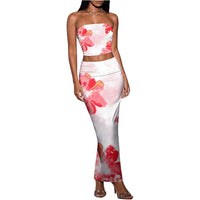 Sexy Form-fitting Two-piece Set Featuring A Floral Bustier Top And A Midriff-baring Bodycon Skirt