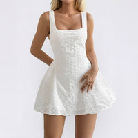 French-Elegant Square-Neck Hollow-Out Embroidered Dress