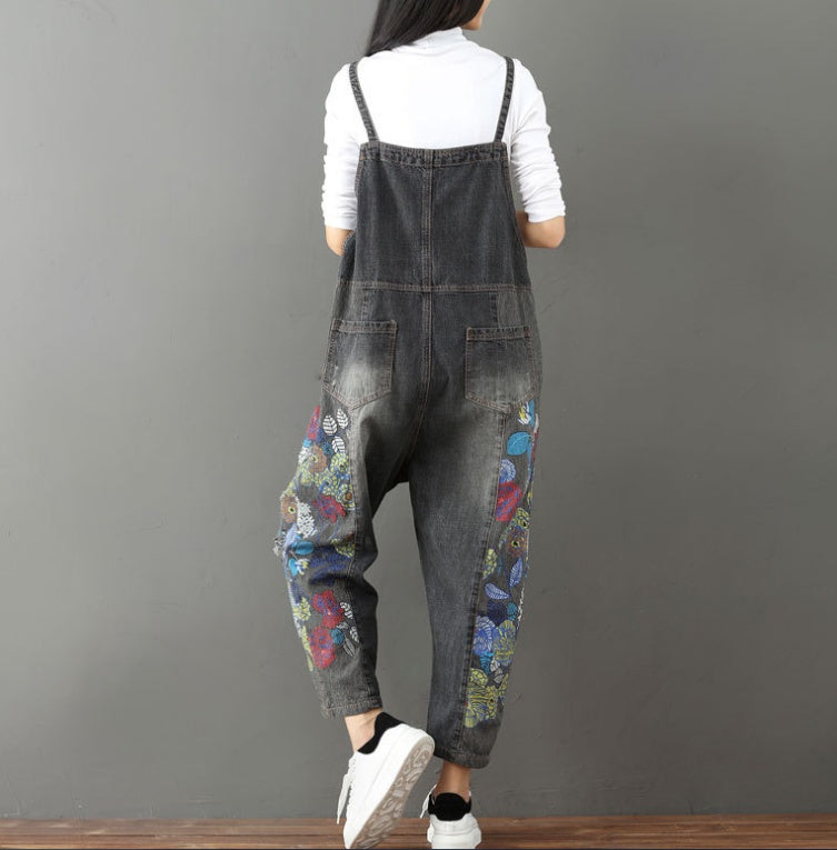 Stitched jeans large size printed suspender bib