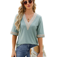 Womens Loose Top With Golden Lace Panels And Three-Quarter Sleeves