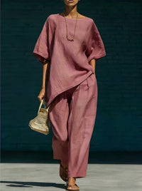 Short-sleeve Top With An Asymmetrical Hem And Wide-leg Pants Set