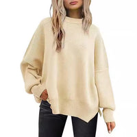 Thick Needle Side Slit Sweater Round Neck Loose Solid Color Batwing Long Sleeve Sweater For Women