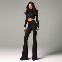 European And American Solid Color Padded Shoulder Long Sleeve Top High Waist Trousers Suit