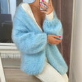 Blue Lantern Sleeve Knitted Cardigan For Women Autumn And Winter